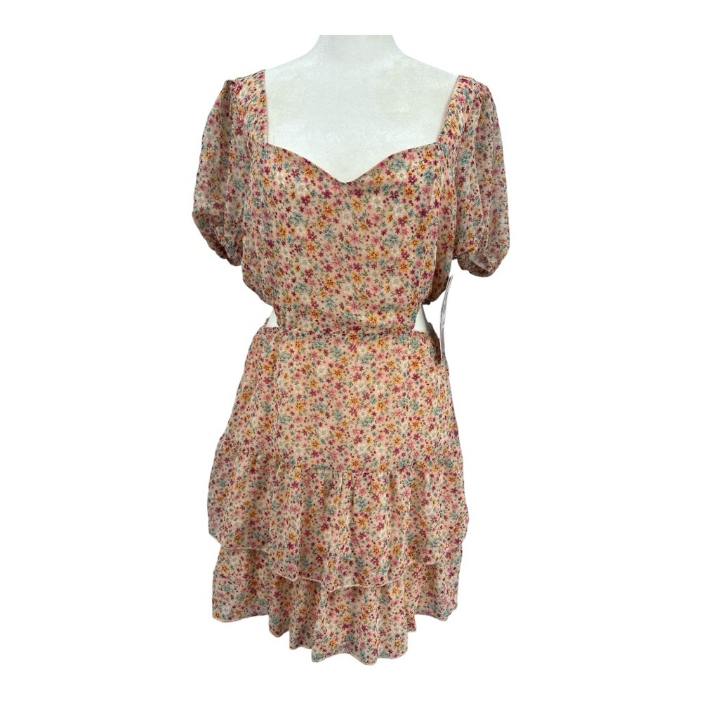 EMERALD SUNDAE Floral Puff Sleeve Waist Cut Out Ruffled Dress LARGE Multicolor
